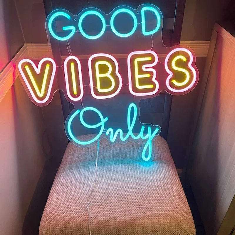 Imagem -01 - Custom Led Good Vibes Apenas Neon Sign Light Party Decor Lâmpadas de Néon Casa Parede Pendurar Quarto de Casamento Decoração da Parede custom led good vibes apenas neon sign light party decor lampadas de neon casa parede pendurar quarto de casamento decoracao da parede 01