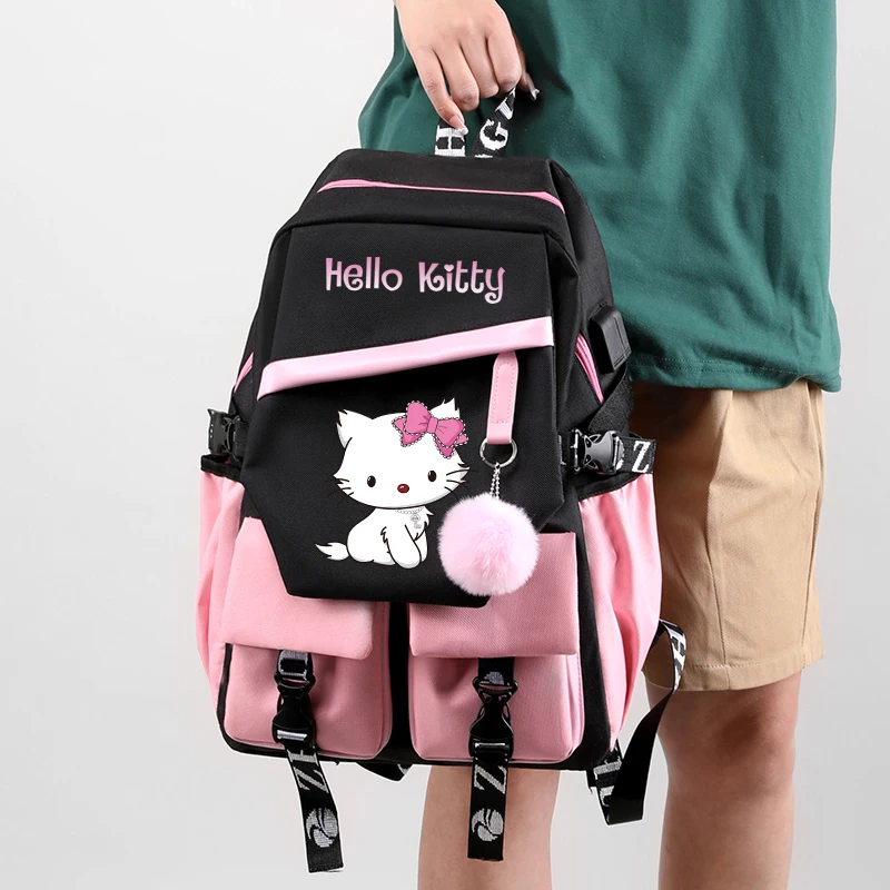 Tas punggung kartun Hello Kitty, ransel kanvas untuk remaja perempuan laki-laki kembali ke sekolah