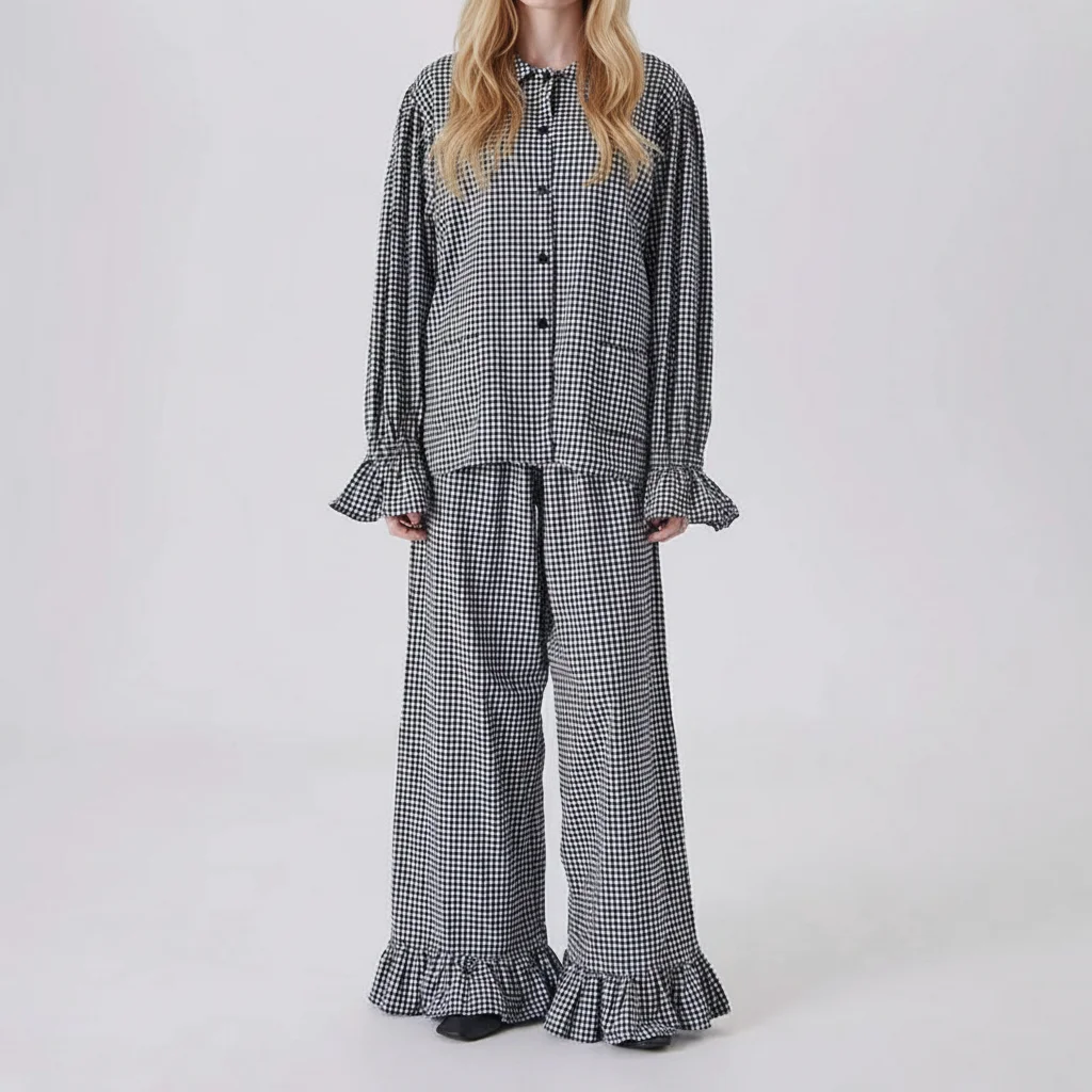 

2026 Fashionable Plaid Suit Women New Spring/Autumn Doll Collar Flared Sleeves Cardigan Shirts Top Loose Trousers Two-Piece Set