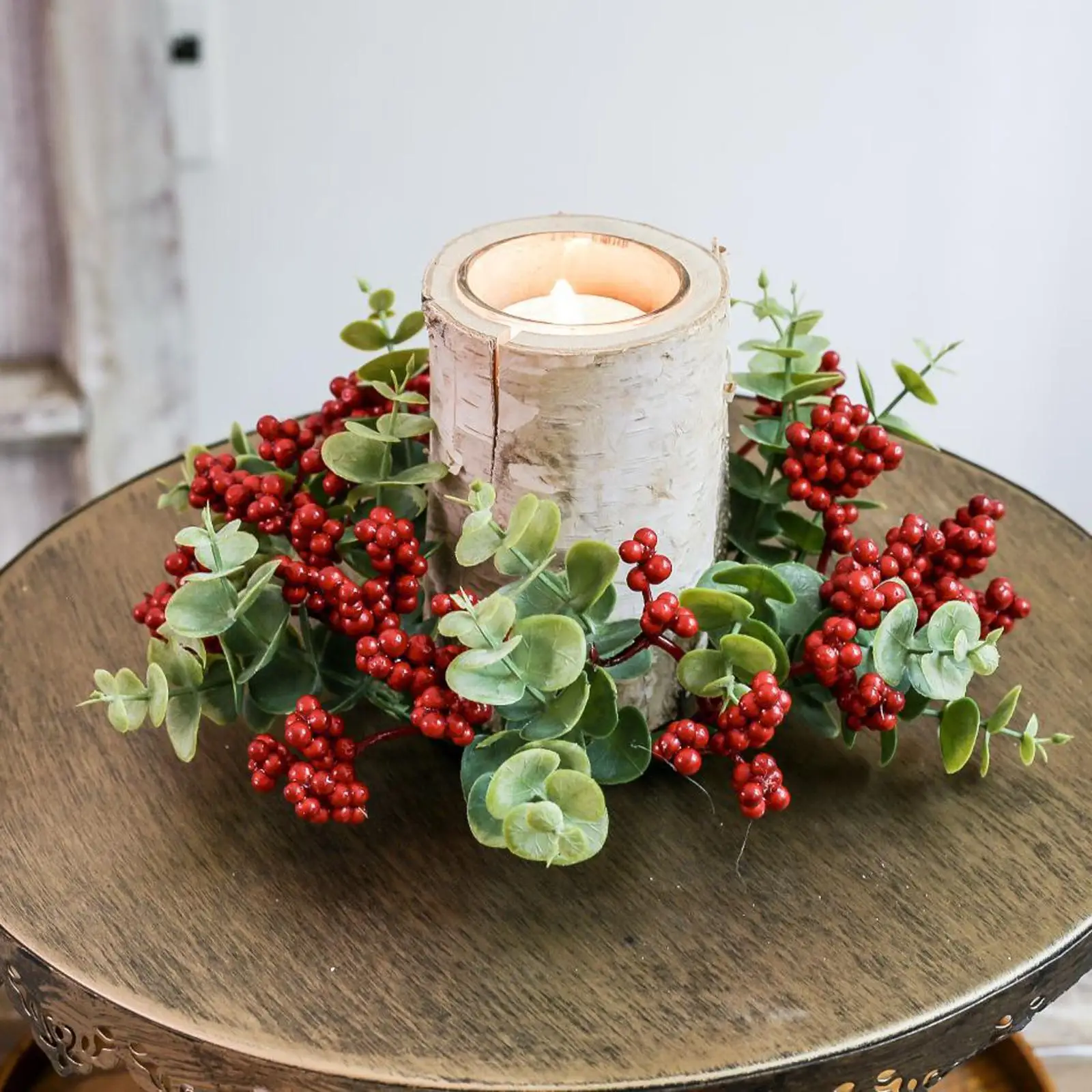 Candle Garland Ring Artificial Floral Arrangement Pillar Candle Ring Wreath for Holiday Christmas Dining Table Cafe Living Room