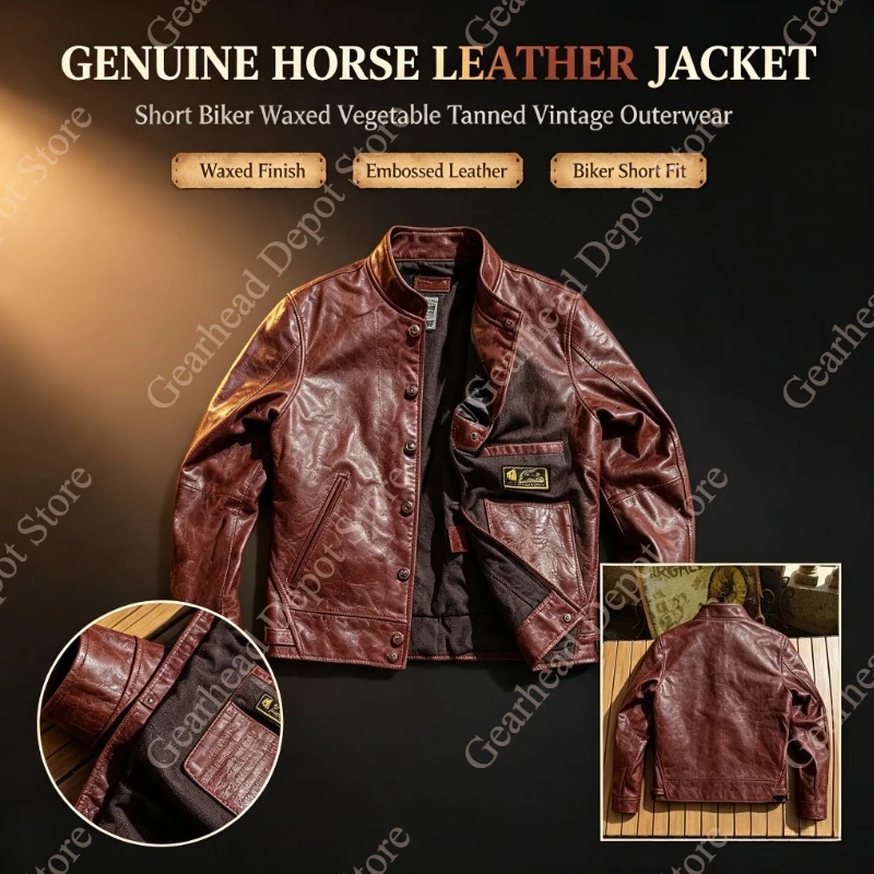 Short Motorcycle Biker Jacket Men Genuine Horse Leather Waxed Vegetable Tanned Embossed Vintage Real Leather Outerwear Coat