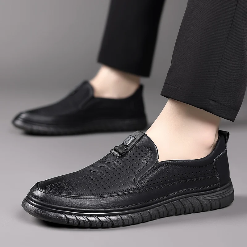 Summer White Perforated Leather Shoes Mens Slip on Shoes Genuine Leather Male Comfortable Casual Shoes Male Comfortable Loafers