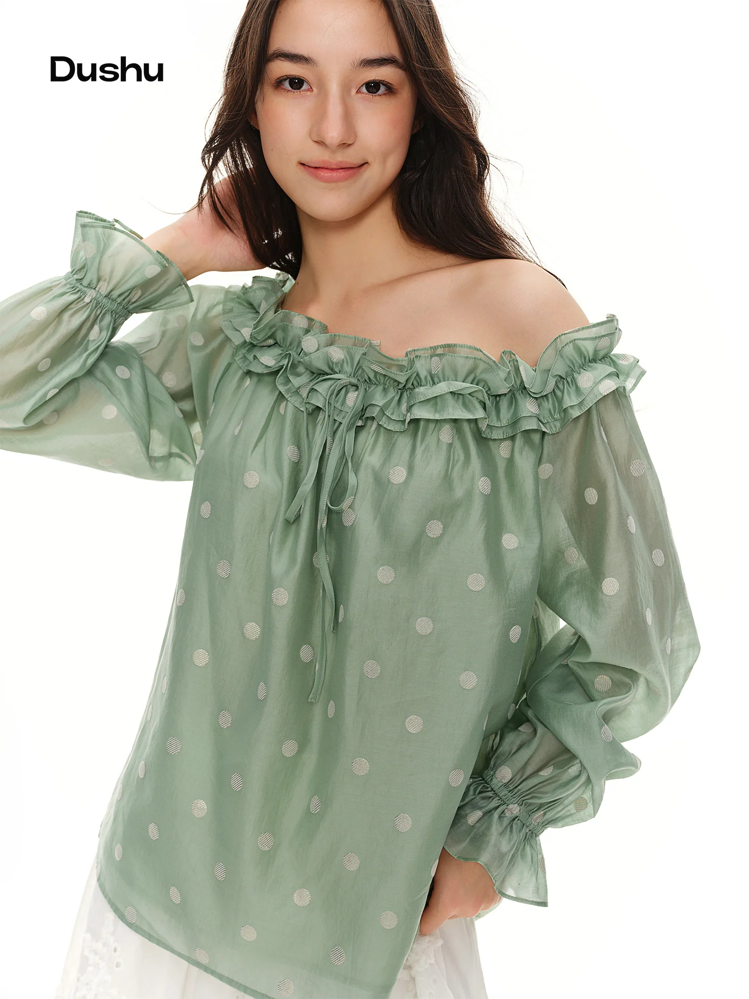 DUSHU Women Off Shoulder Ruffled Polka Dot Blouse Loose Long Sleeve Summer 2026 Casual Green Tops Pretty Sweet Holiday