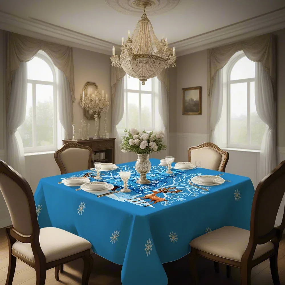 JIT 1PC Advanced 2D Printing Square Tablecloth - Blue Background, Christmas Reindeer Theme.yzb