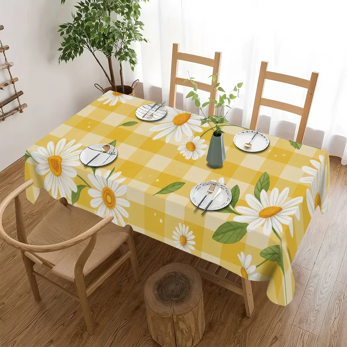 Yellow and white check pattern with lively daisy design print, foldable and easy to store, made of polyester, table covers