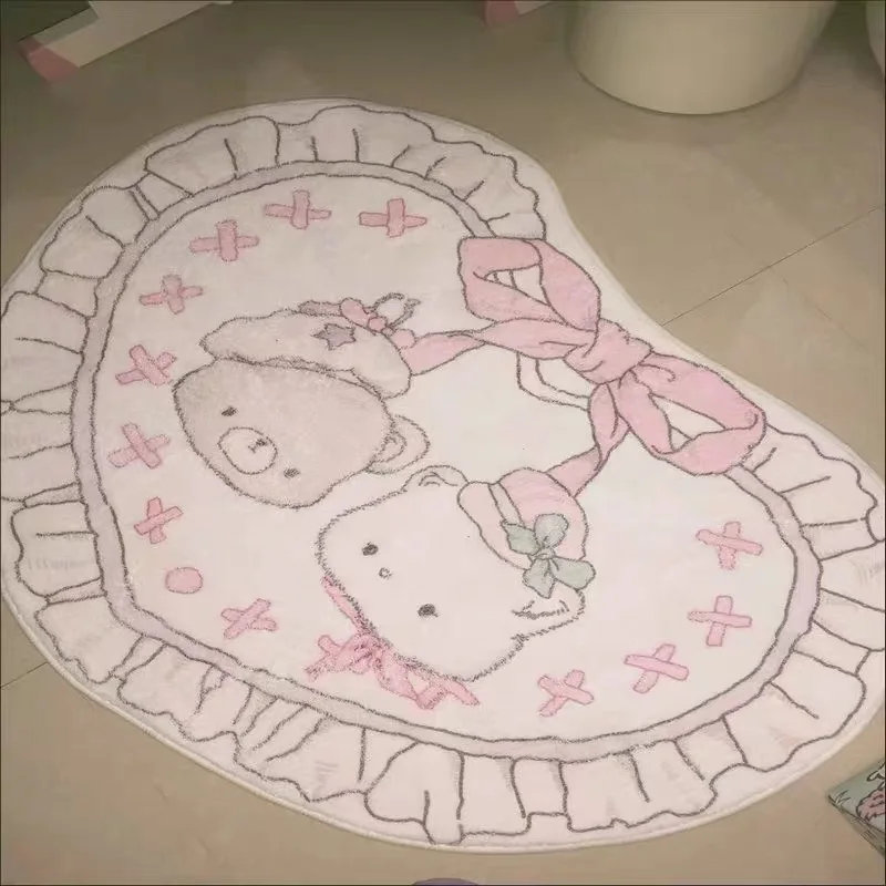 VIKAMA Rosa Cartoon Niedliches Schlafzimmer Herzförmiger Nachttisch Teppich Imitation Kaschmir Creme Stil Zimmer Fußmatte Home Decor