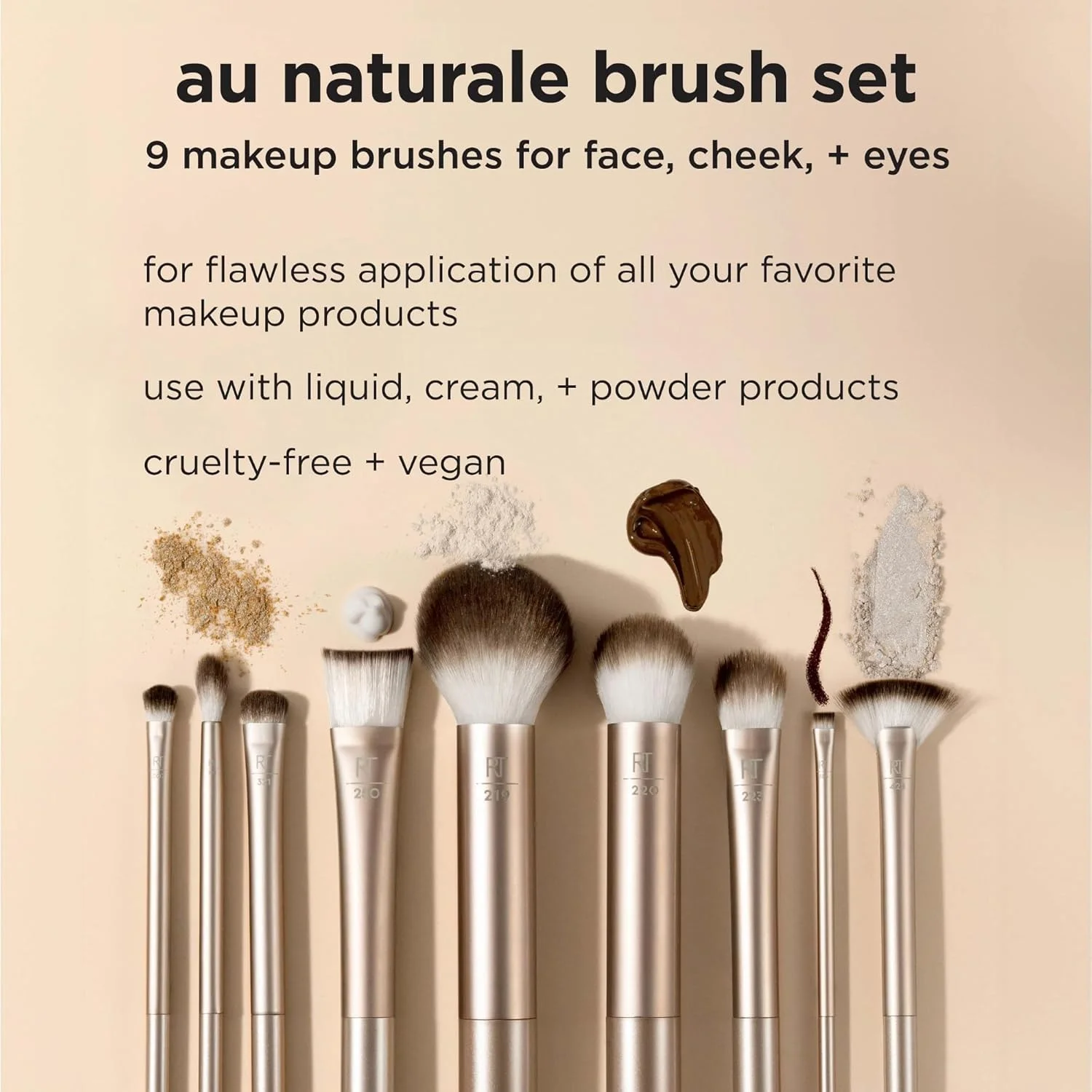 Au Naturale 9 Piece Makeup Brush Set, For Liquid, Cream, & Powder Foundation, Eyeshadow, Blush, & ,  Quality Face Brushes, Gift 