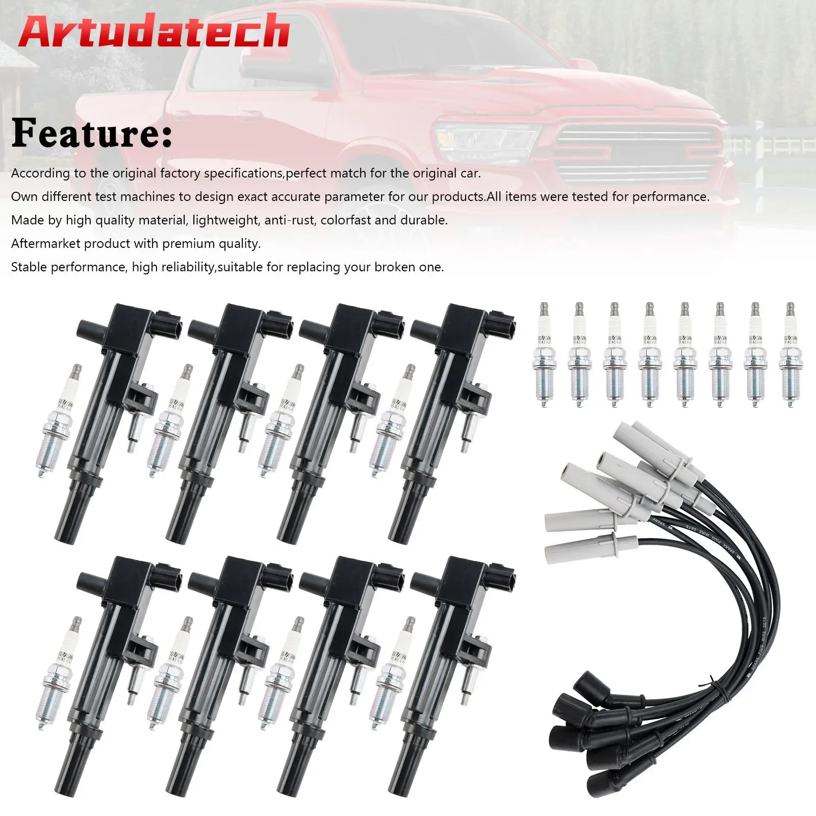Artudatech 8X Zündspule + Zündkerze + Kabel UF601 für Dodge Durango Dakota Ram 1500 Autozubehör