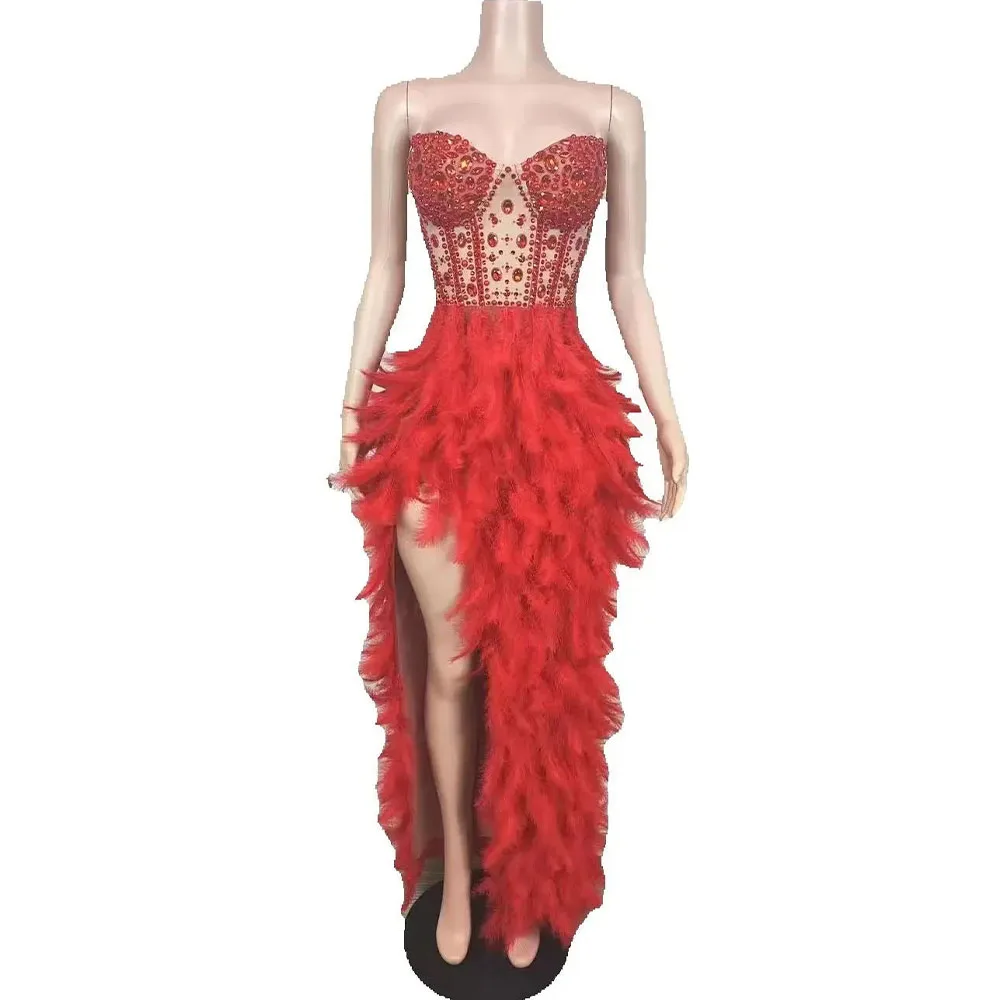 

Luxury Sparkle Red Rhinestone Feather Sexy Mesh Long Dress Women Elegant Evening Party Birthday Performance Photoshoot Costume