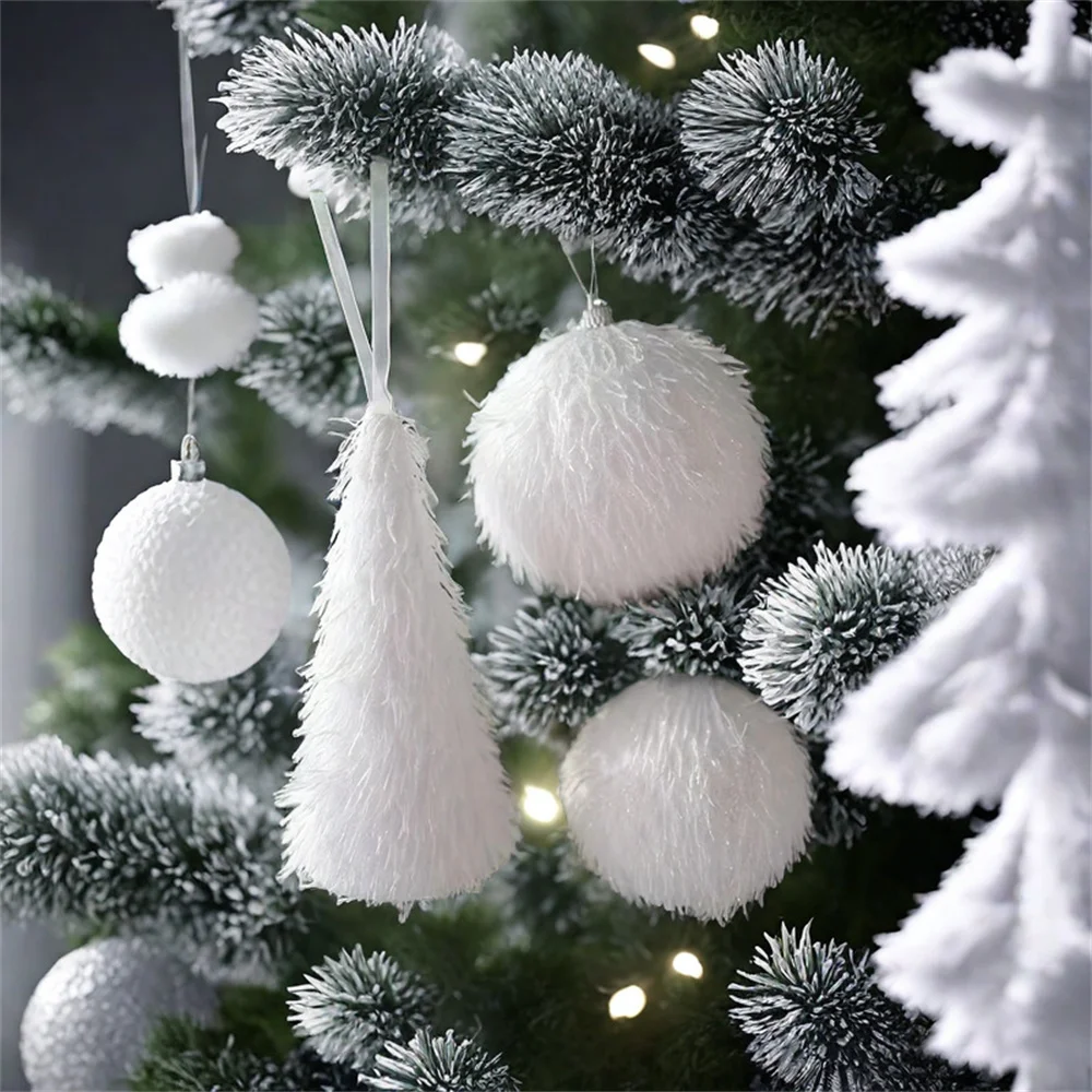 1PC White Christmas Tree Decoration Xmas Plush Ball Xmas Tree Shape Pendant Foam Snow Balll for Home 2025 Xmas New Year Decors