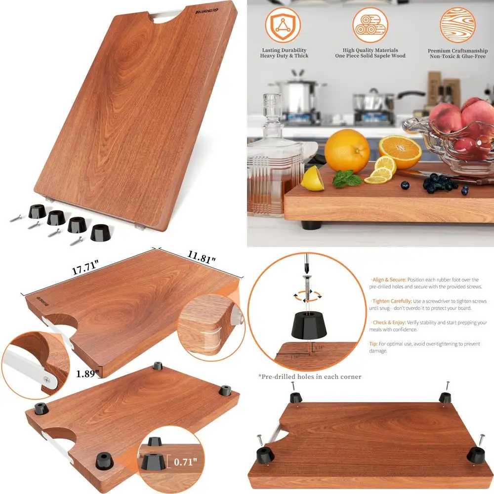 

Большая сверхмощная разделочная доска для дерева Sapele толщиной 17,71 x 11,81 x 1,18, нетоксичная, с резиновыми ножками для использования на кухне