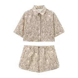 PB&ZA2024 Summer New Product Fashion Casual Women's Wear Flip Collar Short Sleeve Printed Shirt Mid Waist Shorts Set