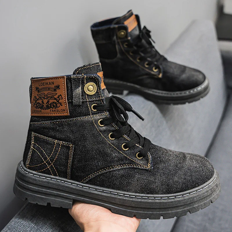 Men High Top Boots Retro Canvas Denim Boots Classic Lace Up Ankle Boot Outdoor Non Slip Platform Boots for Men Botas Para Hombre