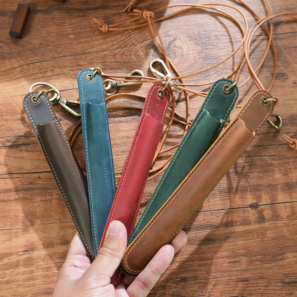 Vintage Leather Pencilcase Pen Pouch Case Protector Sleeves with Keychain & Detachable Neck Strap