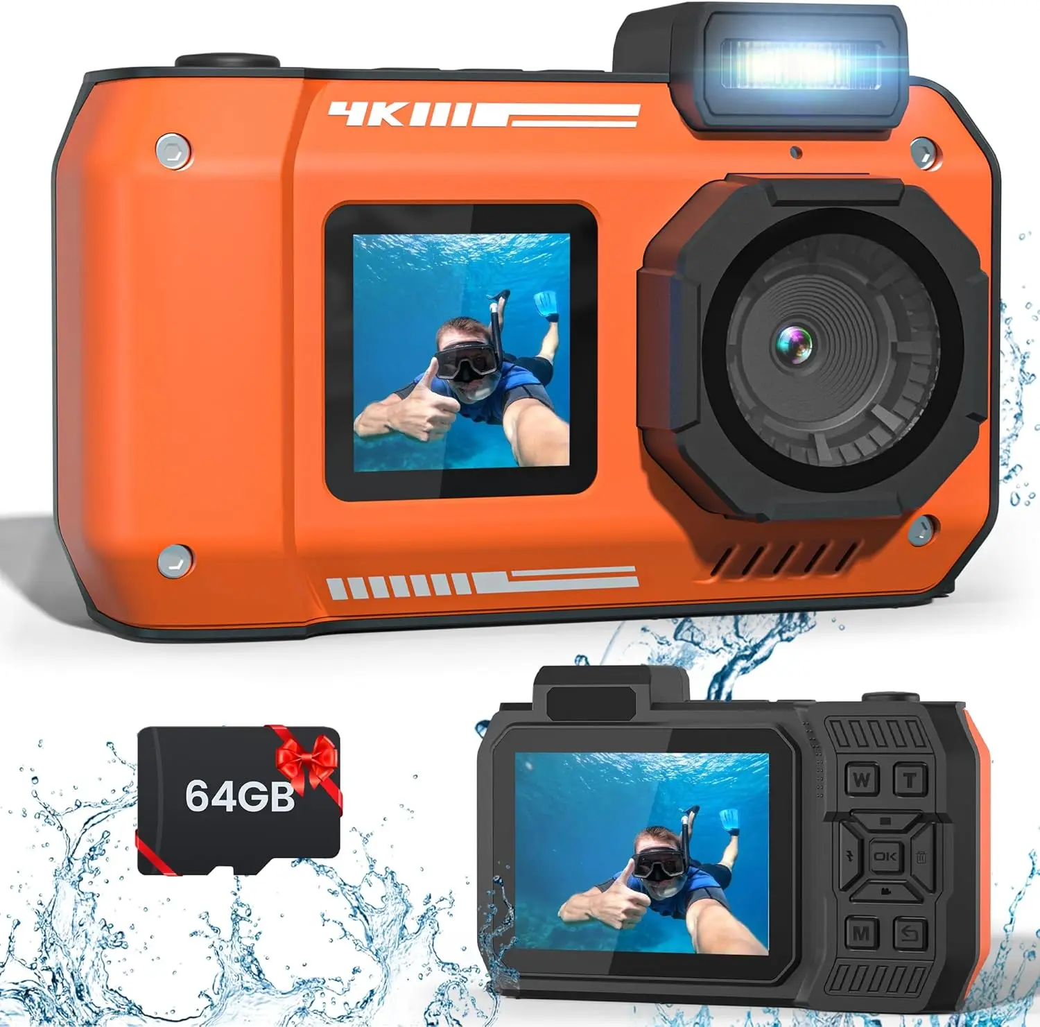 33FT Waterproof Camera 4K 48MP Dual Screen Underwater Camera for Snorkeling Diving Sports Floatable Digital Camera with 64G Card