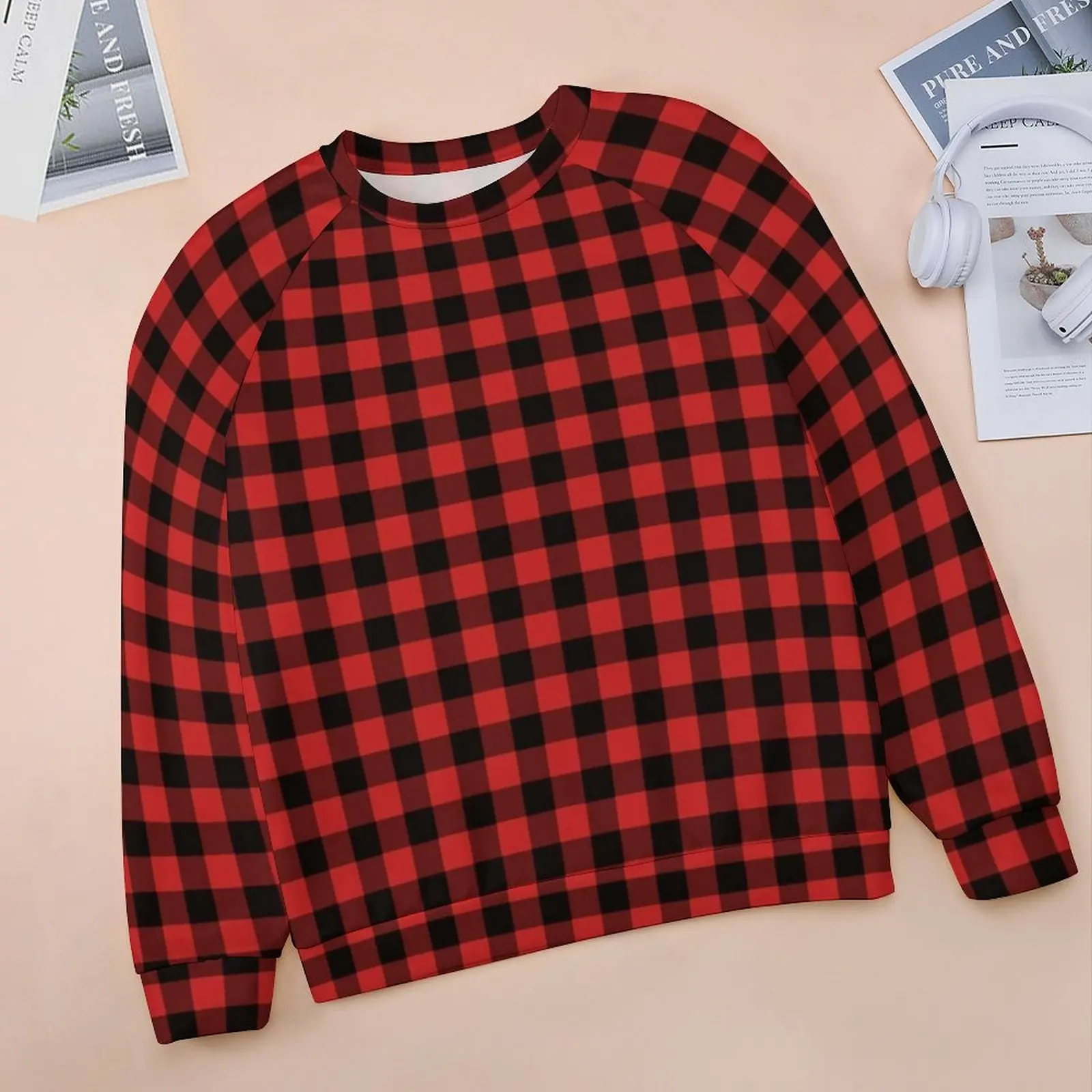 Red And Black Plaid Hoodies Checkerboard Harajuku Oversize Hoodie Female Long-Sleeve Kawaii Printed Casual Sweatshirts