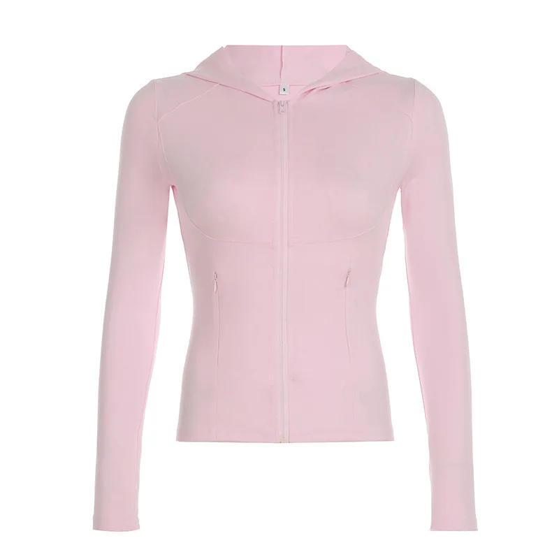 

2025 Autumn/Winter Solid Color Fashionable Slim Fit Hooded Zipper T-Shirt for Women