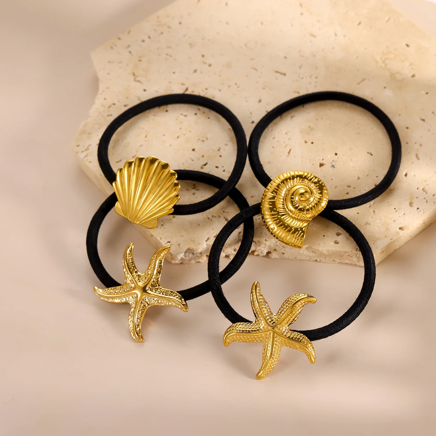 CARLIDANA Mode Koreanische Haar Clips Zubehör Frauen Gold Farbe Edelstahl Seestern Shell Schwarz Gummi Haarbänder Armband