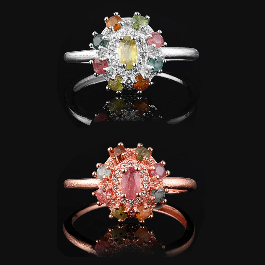 

1pc100% pure natural tourmaline Oval gemstone rose gold ring, suitable for women adjustable copper plated 925 silver ring, for p