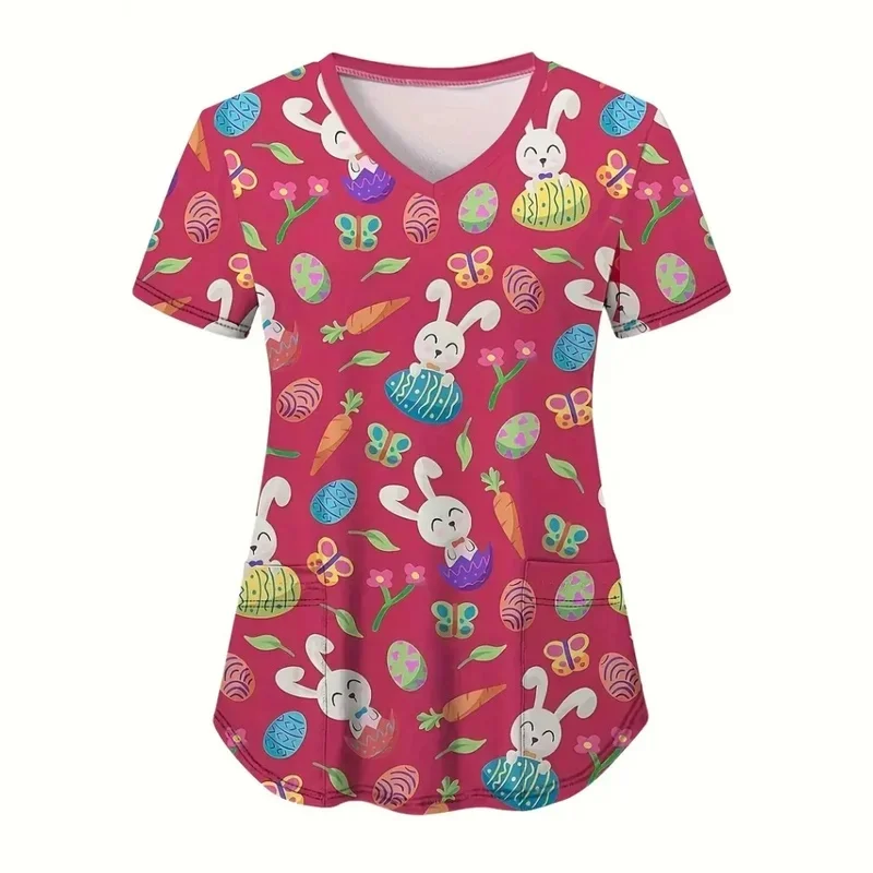 Women's EasterVReceive medical careTShirt Comfortable and breathable hospital beauty salon and clinic workwear top with pockets