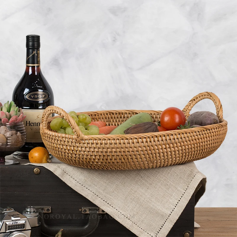 Solid wood rattan woven fruit basket retro vegetable snack bread storage basket kitchen basket large fruit bowl