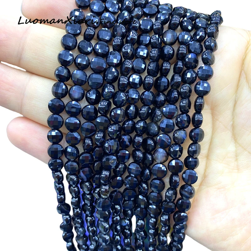 6mm Faceted Flat Round Natural Stone Black Agate Loose Coin Spacer Beads for Jewelry Making Diy Bracelet Charms Accessories