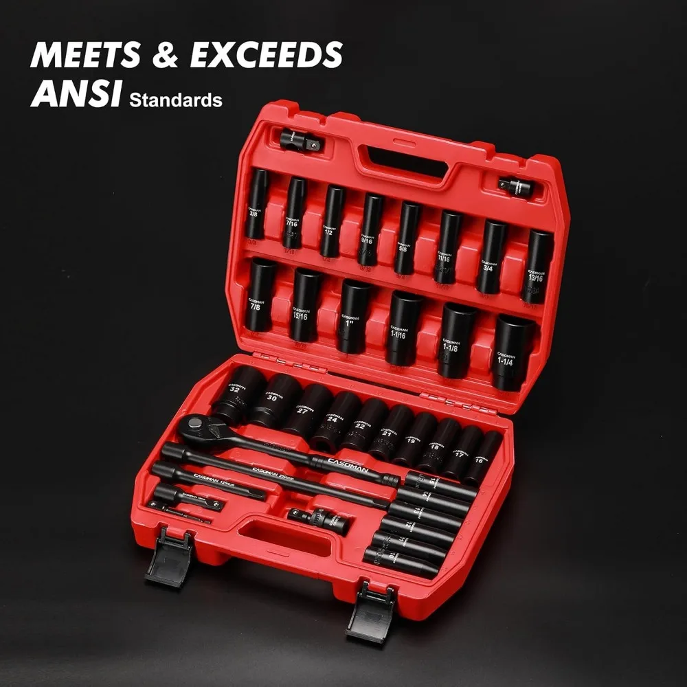 

1/2" Drive Master Impact Socket Set, 38 Piece Deep, Standard SAE (3/8" To 1-1/4") & Metric (10-32 mm) Sizes