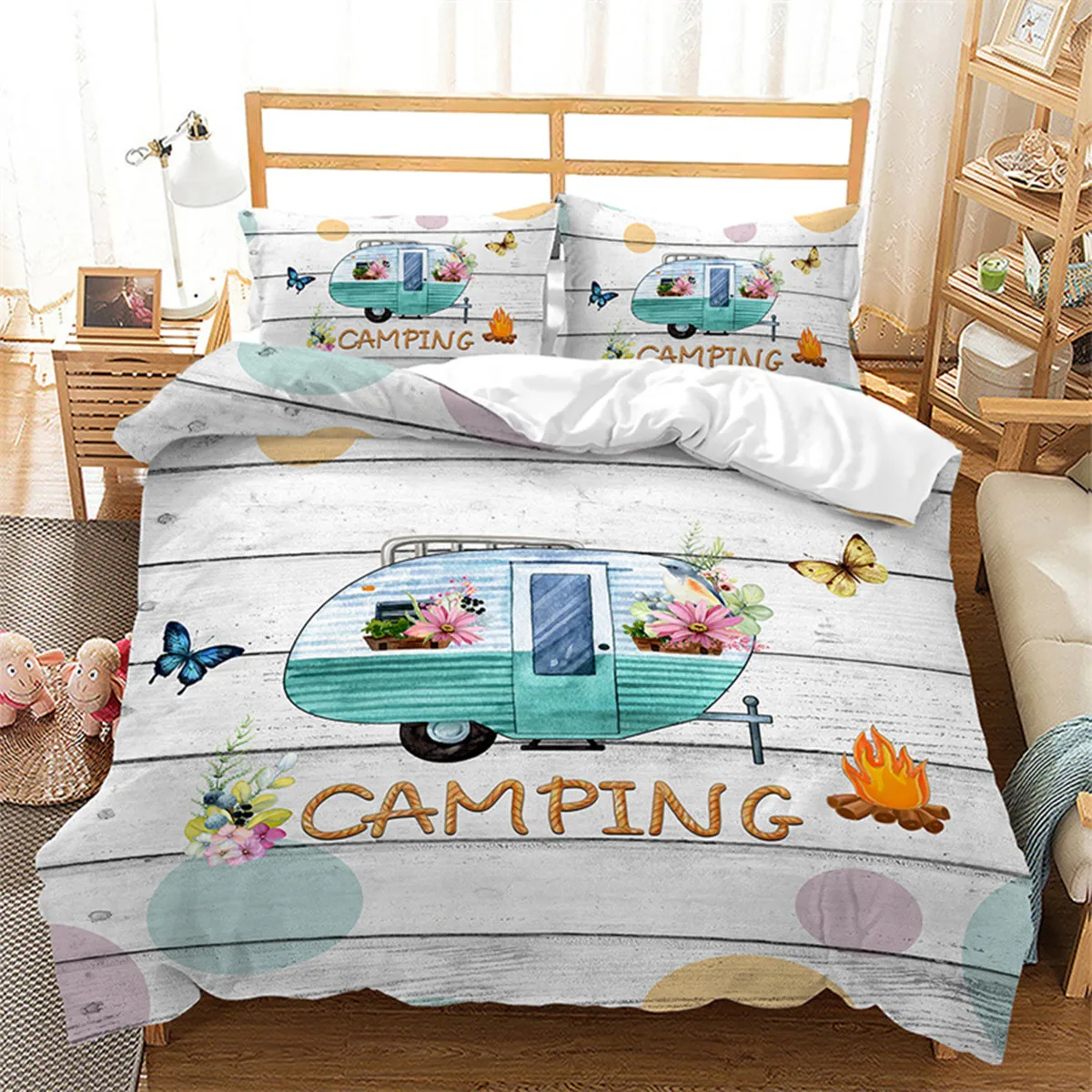 Happy Camping Duvet Cover Microfiber Camping Travel Car Tree for Children Boys Girls Teens Camper Summer Theme for Bedroom Decor