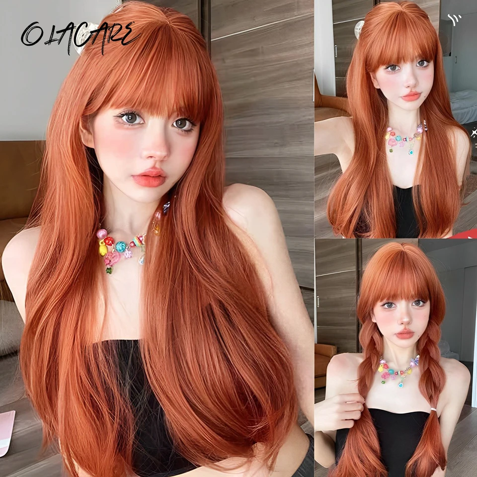 LM Red Brown Copper Ginger Long Straight Synthetic Wigs for Women Natural Wave Wigs with Bangs Heat Resistant Cosplay Hair