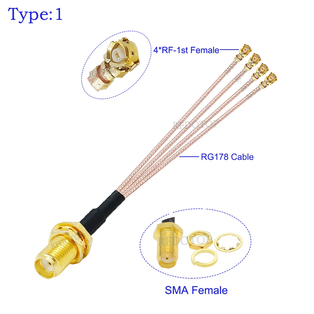 1Pcs RG-178 SMA to IPX Splitter RP-SMA / SMA Female to 4*U.fl IPX-1 Female RG178 Cable WIFI Antenna Extension Jumper Pigtail