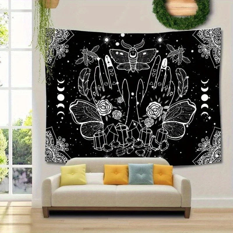 1pc Witchcraft Tapestry Wall Hanging Mystical Mandala Design Moon Magic Hands Moth Crystal Motifs Black White