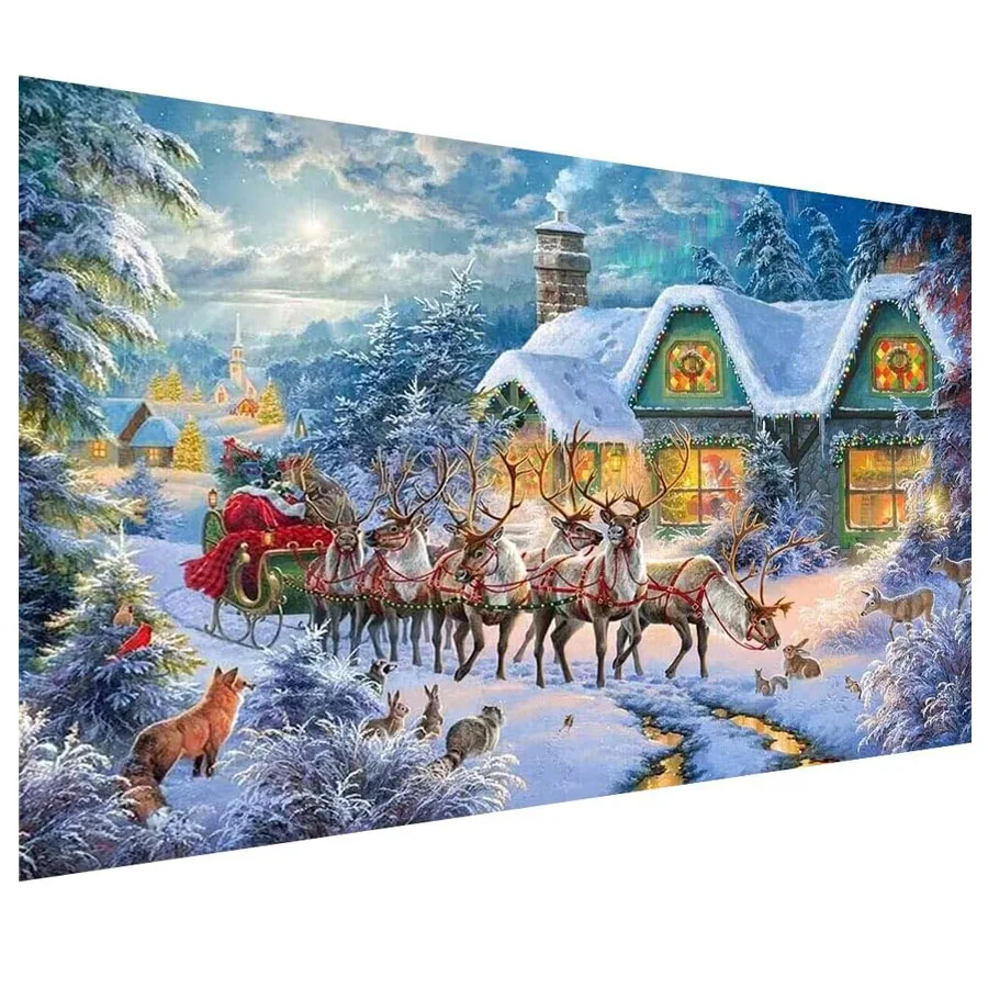 Adult Large Christmas Diamond Painting Santa Claus, reindeer,snow ,Diamond Embroidery Mosaic Winter House Scenery Home Decor