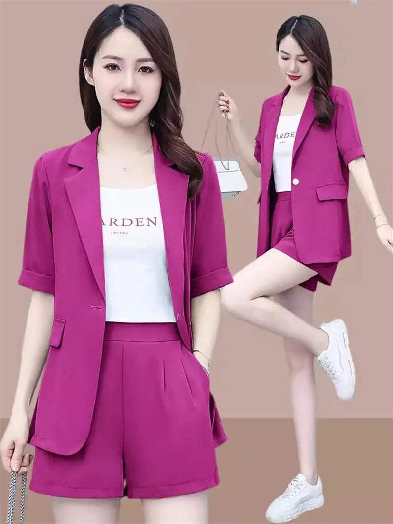 

Shorts Suit Blazer Set For Women Outfit 2024 Summer Fashion Solid Color Short Sleeve Jakcet Professional Two Piece Clothes K951