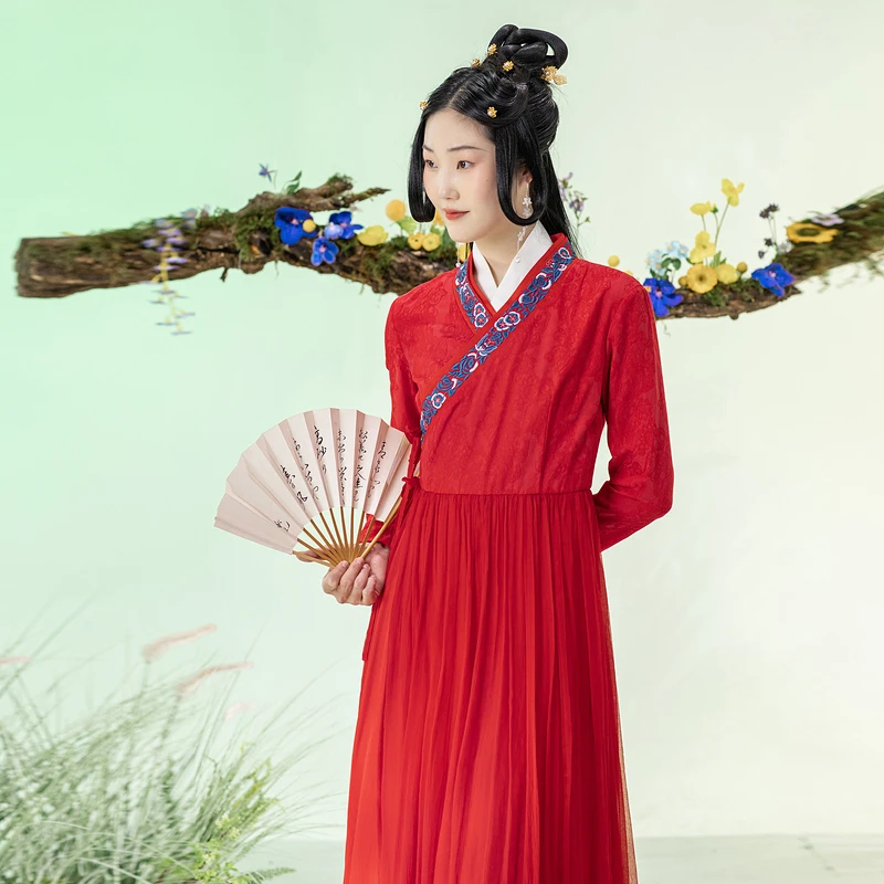 A Life On The Left Women Improved Hanfu Long Sleeve Cross Breasted V-neck Vintage Red Embroidery Dress Traditional Chinese Skirt