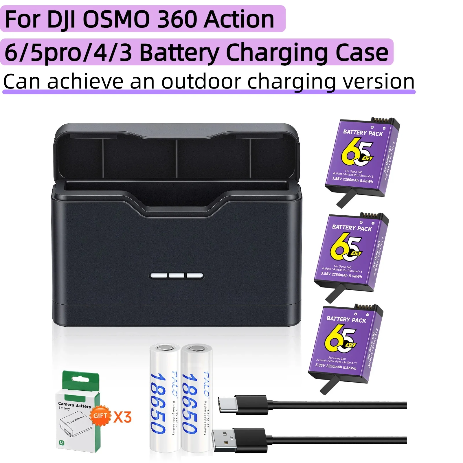 For DJI OSMO 360 Action 6 Action 5 Pro Action 4/3 Battery Charging Case, With 18650 Battery, Convenient Outdoor Charging Version