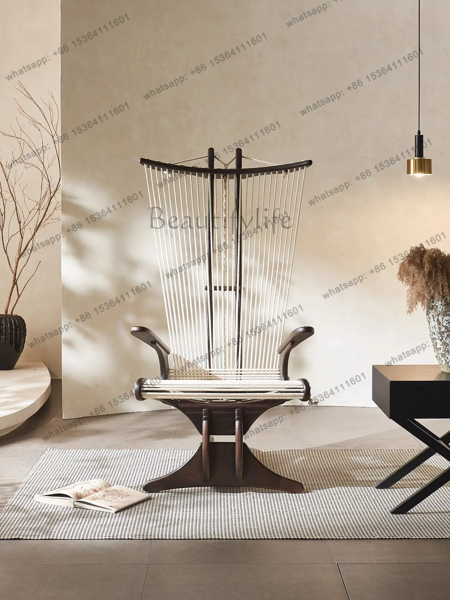 

Nordic solid wood sofa chair home light luxury harp chair creative chair ins wabi-sabi