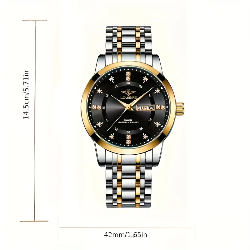 LOUISIFS Деловые мужские часы Водонепроницаемые светящиеся часы с датой недели Изысканные мужские наручные часы Классические мужские кварцевые часы из нержавеющей стали