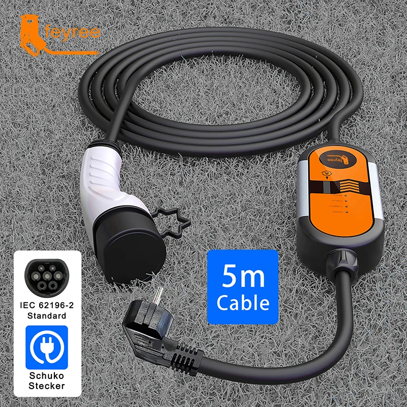 EV Portable Charger Type1 j1772 Type2 Cable 5m EVSE Adjustable Current 16A 3.5KW Schuko Plug free Holder and Bag Electric Car