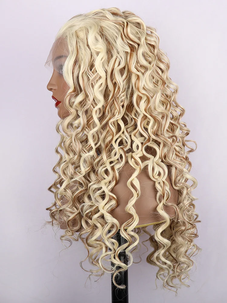 oley Fashion Curly Wig Synthetic Lace Front Wigs White Gold Female Lace Wig 13X3 For Black Women Cosplay Hair Daily Use