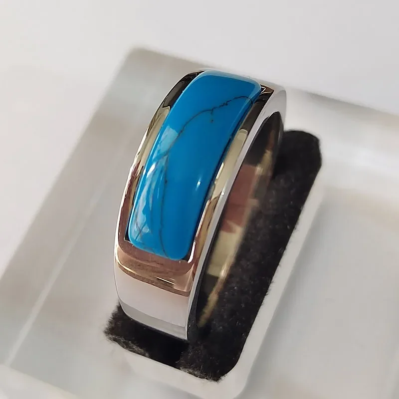 7 Colors 8mm Rings for Men Women Silver Color High Quality Stainless Steel Ring with Natural Turquoise Wedding Gifts for Guests