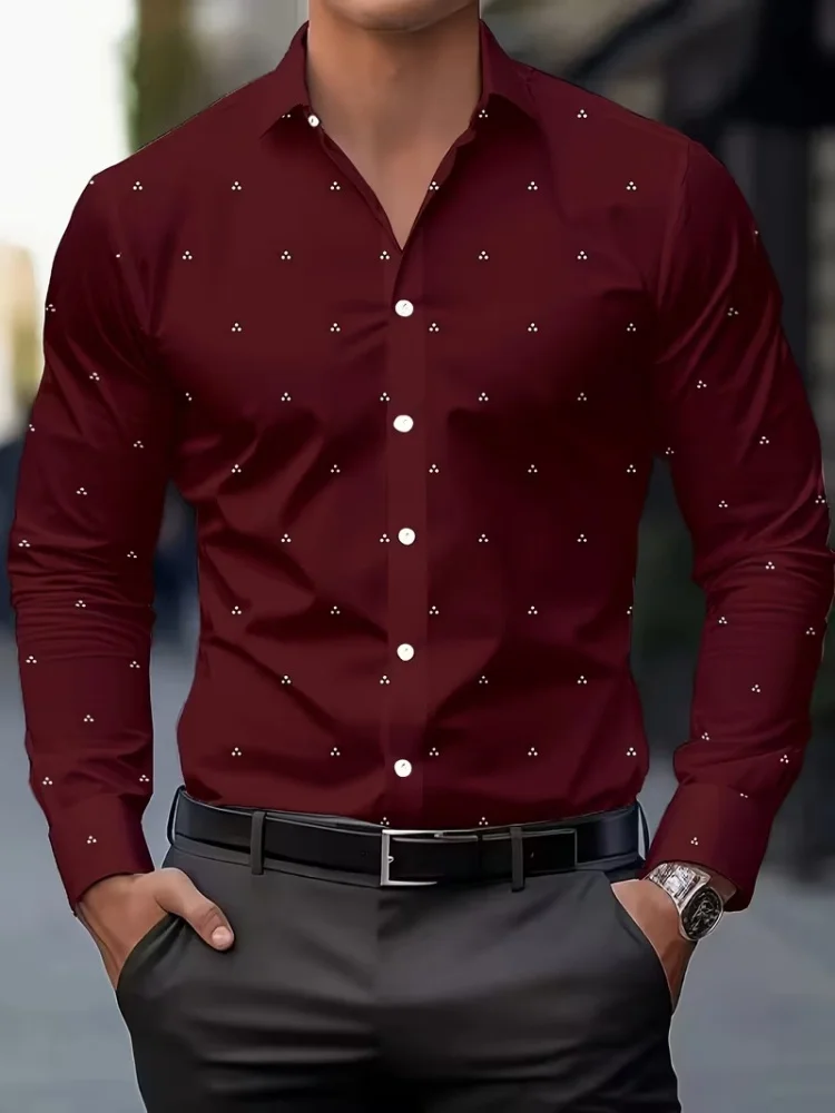 New cross-border style men's long-sleeved shirt with small polka dot print, trendy, versatile, casual lapel long-sleeved top.