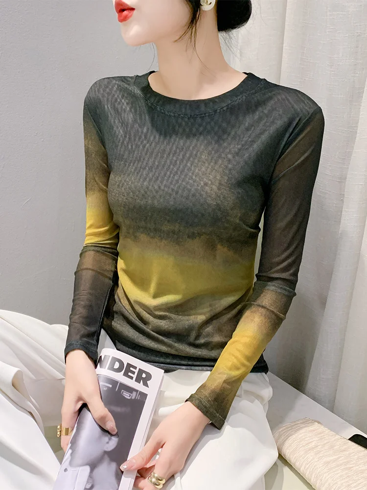 Ele Anti-Aging Tie-Dye Print Lange Sve T-shirt Frauen Sexy Me Atmungsaktive Abnehmen Taille Design Faionable Basis irt