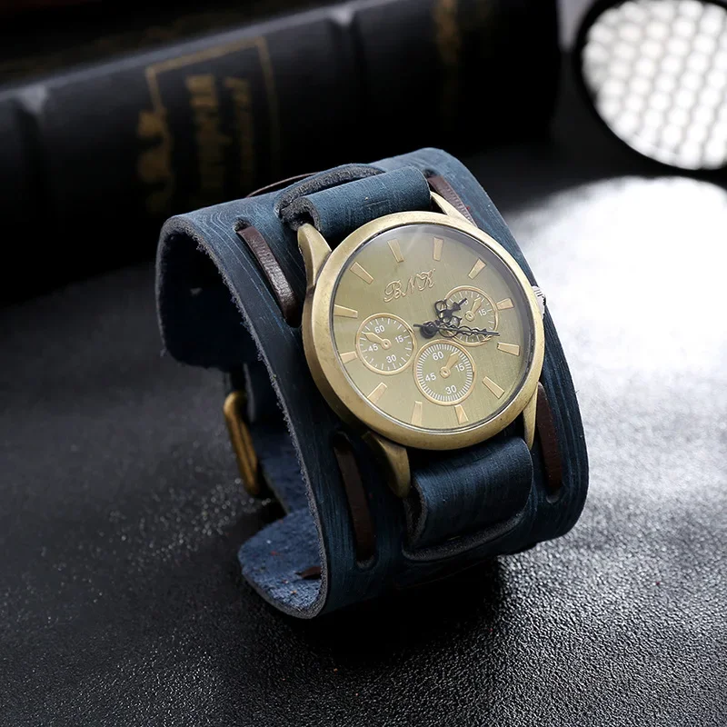 2024 Men\'s Watches Punk Retro Decorative Wide Strap Watch Male Clock Leather Bracelet Quartz Military Man WristWatch Men Watch