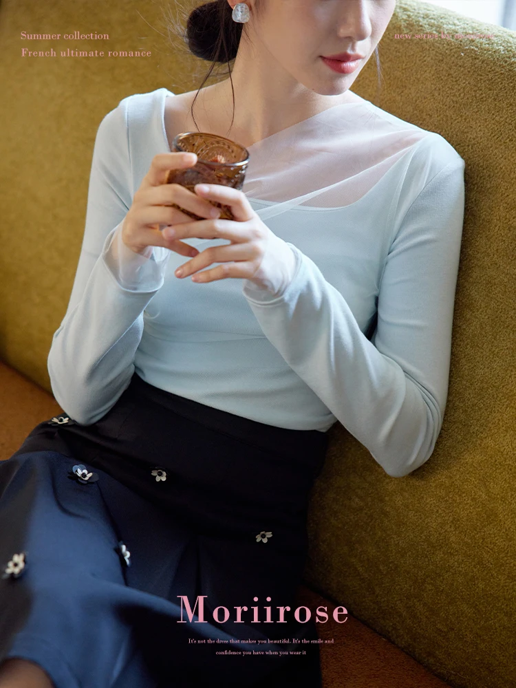 

Синяя футболка Moriirose с длинными рукавами, женская облегающая винтажная футболка с квадратным воротником, удобный топ из смесового волокна в стиле пэчворк