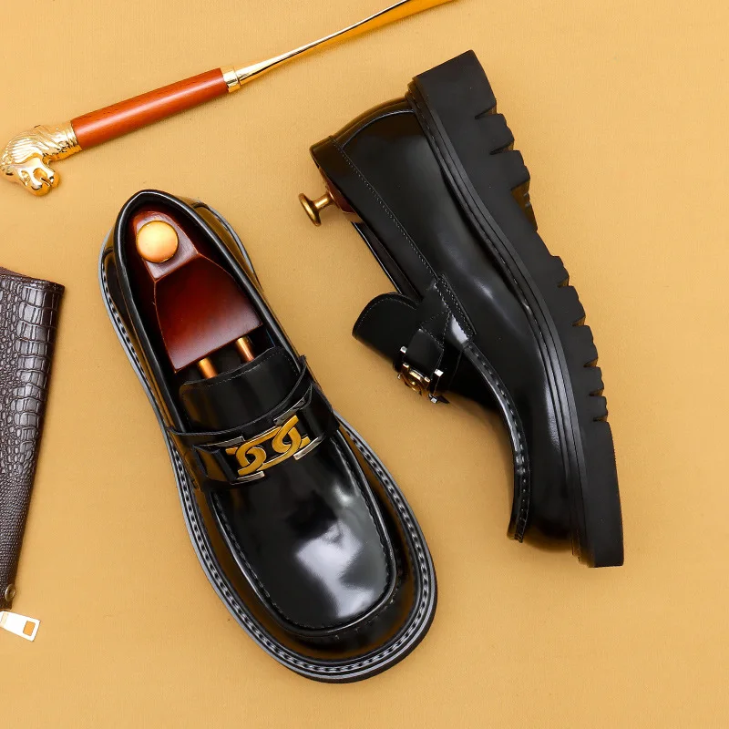 Men Business Casual Shoes Genuine Leather Round Toe Slip On Thick Soled Loafers Male Footwear