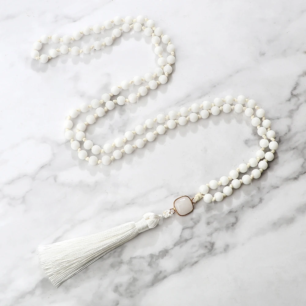 6MM 108 Mala Beads Bright White Necklace Wax Rope Handmade Knotted Inelastic Tassel Women Yoga Pendant Bangle Men Prayer Jewelry