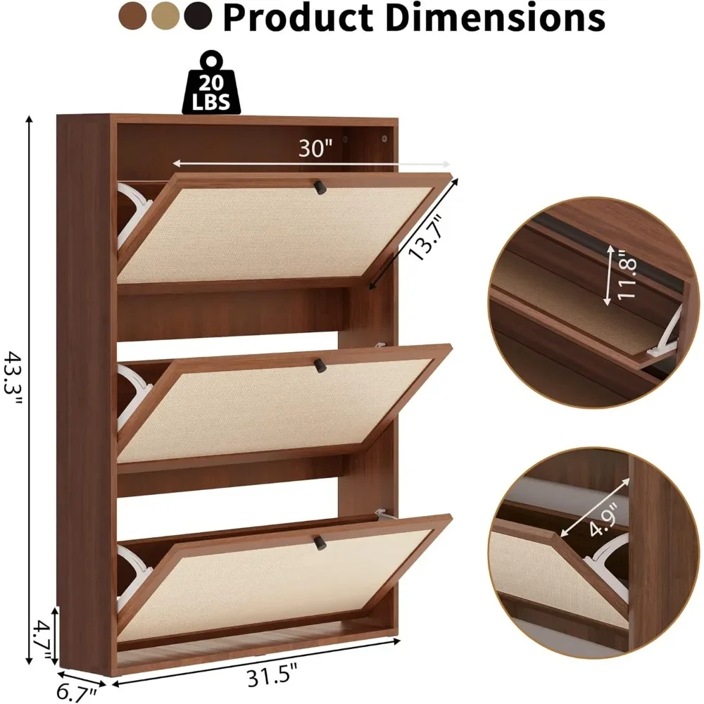 

Narrow shoe cabinet with natural linen board, independent ultra-thin shoe cabinet with 3 flip drawers, suitable for entrance