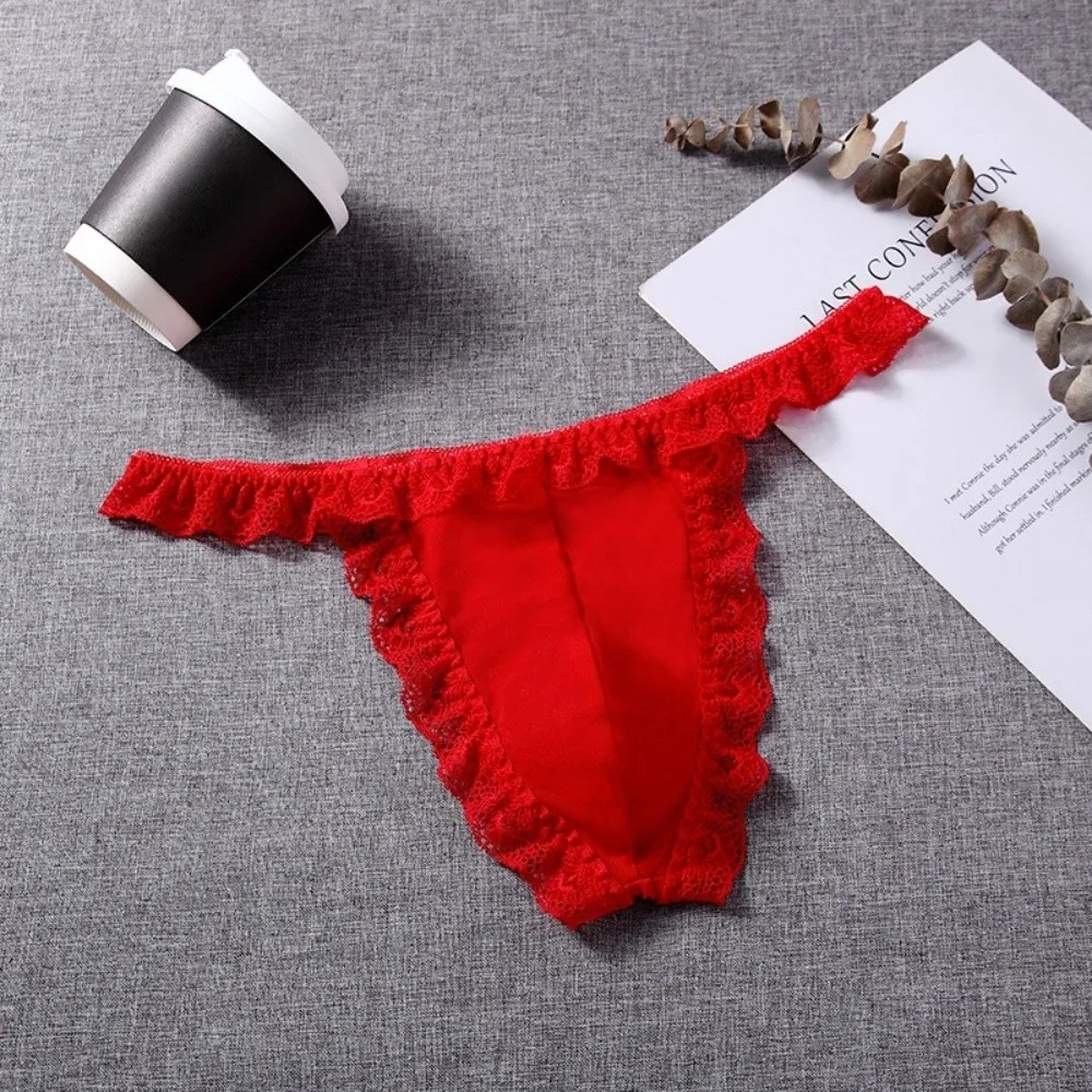 Underwear Low Waist Men's Lace Thongs Underpants Thin Men's Mesh Lace Panties T-back Ruffle Belt Male Briefs Intimate