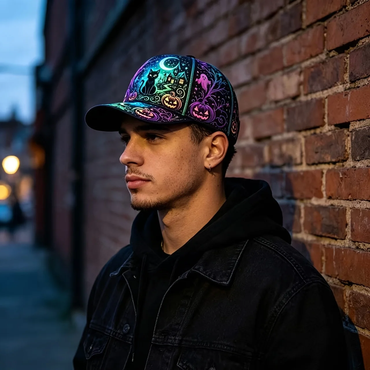Customization Halloween Baseball Cap, Neon Black Cat Pumpkin Haunted House Moon Rainbow Night Scene Pattern, Lightweight Breatha