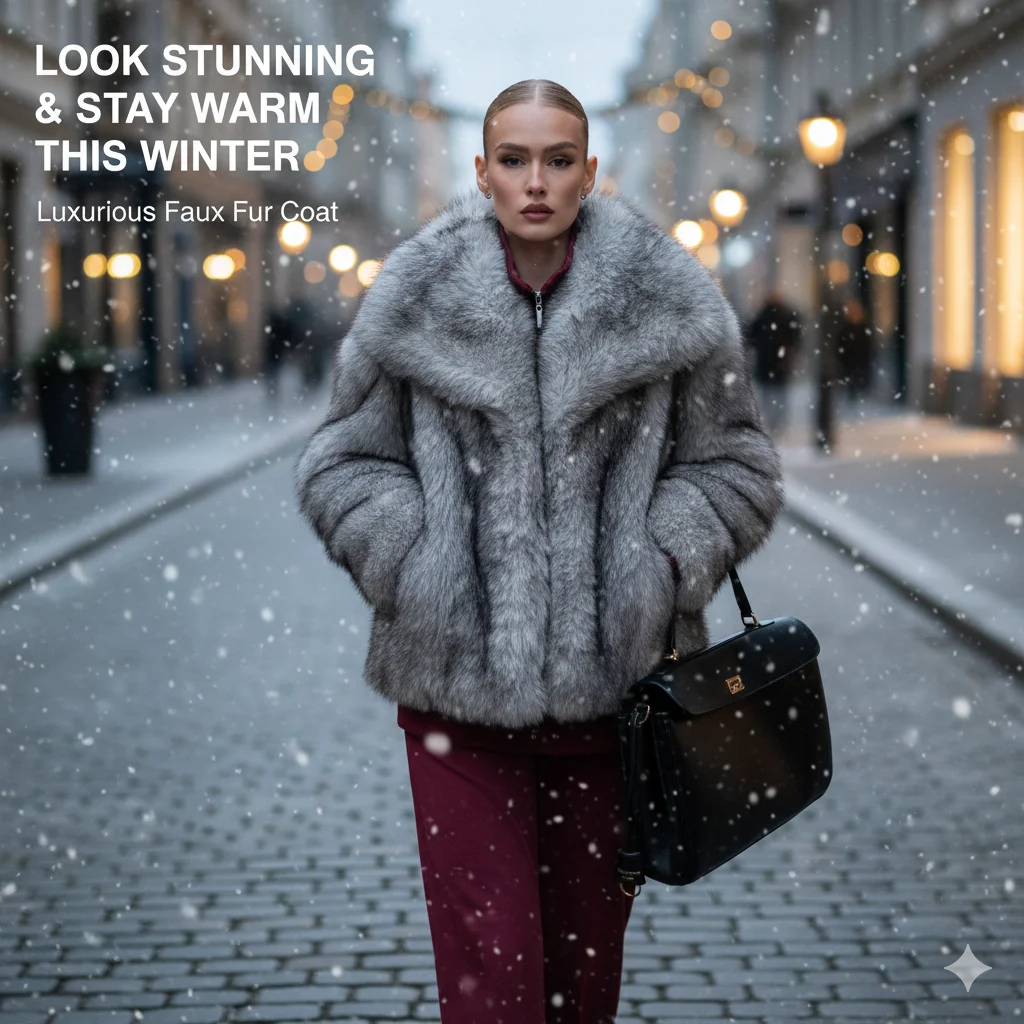 

Grey Lapel Short Overcoat Lady Casual Turndown Collar Long Sleeves Comfortable Loose Faux Fur Coat Winter Vacation Street Wear